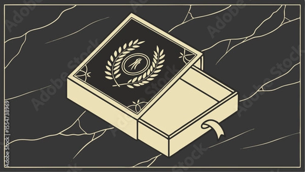 Obraz Elegant box with a laurel wreath emblem on a marble surface in a stylized isometric illustration