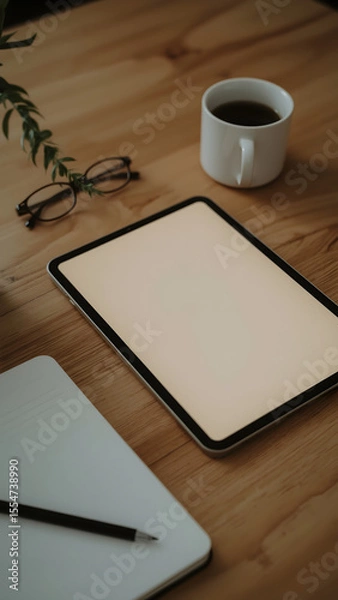 Obraz A minimalist financial workspace with a blank tablet screen, warm lighting, and cozy desk elements.
