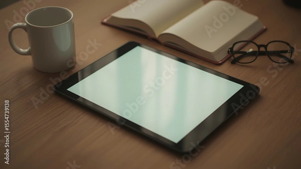 Obraz A minimalist financial workspace with a blank tablet screen, warm lighting, and cozy desk elements.