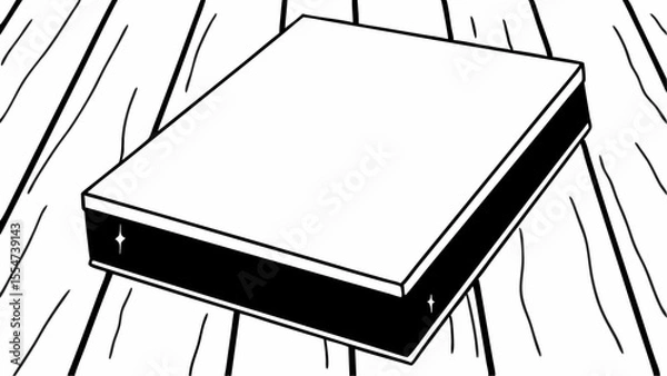 Obraz A simple illustration of a square box with a black stripe on a wooden surface with sparkles on it
