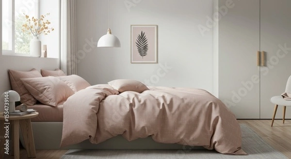 Fototapeta Bedroom interior with pale pink bedding