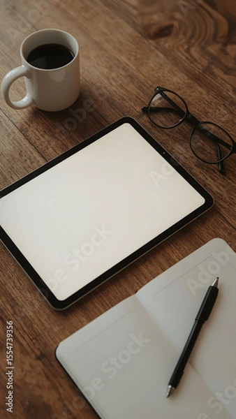 Obraz A minimalist financial workspace with a blank tablet screen, warm lighting, and cozy desk elements.