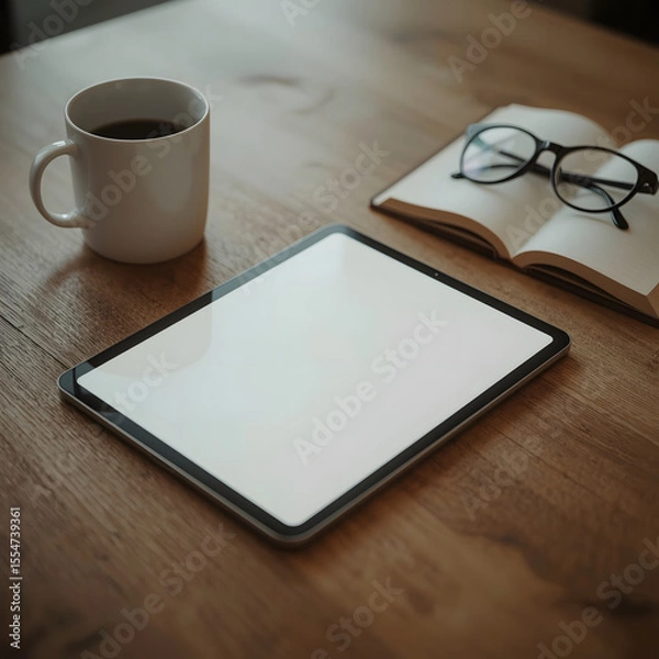 Obraz A minimalist financial workspace with a blank tablet screen, warm lighting, and cozy desk elements.