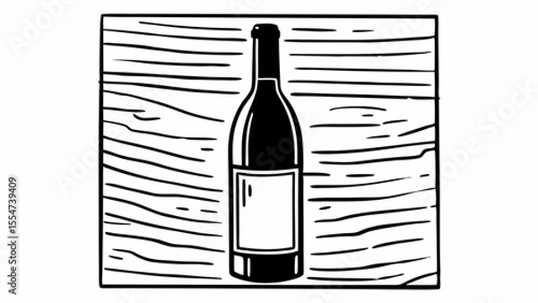 Obraz Black and white illustration of a wine bottle on a wooden surface with a rectangular frame around it