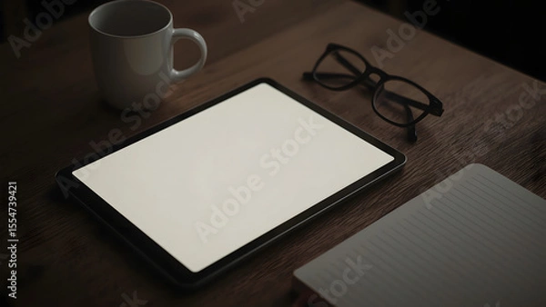 Obraz A minimalist financial workspace with a blank tablet screen, warm lighting, and cozy desk elements.