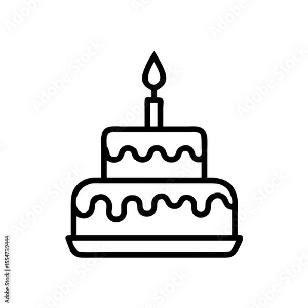 Fototapeta Minimalist black outline vector icon of a birthday cake with candle, symbolizing celebration, birthday parties, and festive occasions. Clean design on a transparent background.