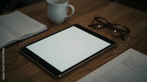 Obraz A minimalist financial workspace with a blank tablet screen, warm lighting, and cozy desk elements.