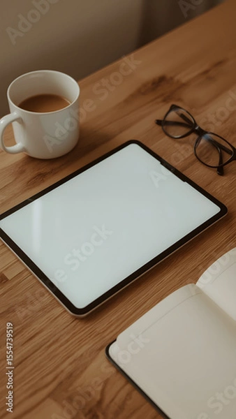 Obraz A minimalist financial workspace with a blank tablet screen, warm lighting, and cozy desk elements.