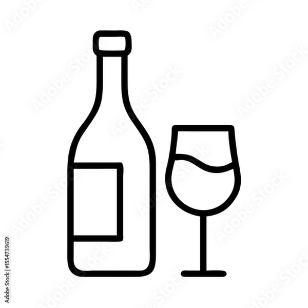 Fototapeta Minimalist black outline vector icon of a wine bottle and glass, symbolizing dining, celebration, and beverages. Clean design on a transparent background