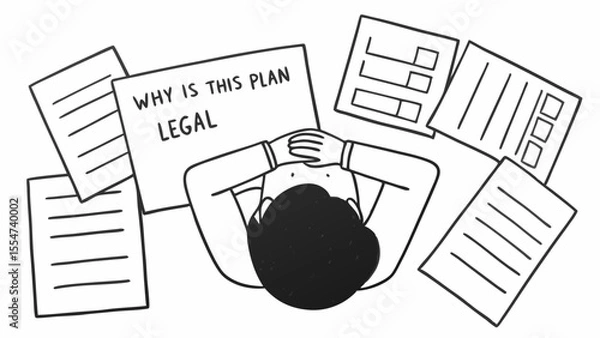 Obraz Person with head in hands surrounded by documents asking why is this plan legal question mark