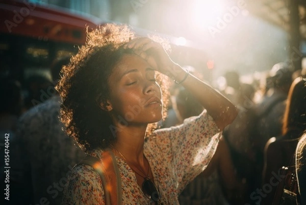 Fototapeta An attractive woman with curly hair standing in the middle, hands on her head, looking up at sunlight rays coming through the clouds