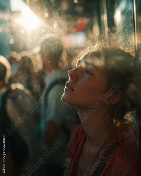 Fototapeta A woman is standing in the crowd of people on a crowded bus, looking up at her reflection in a window. The sun shines through the glass and illuminates her face with rays