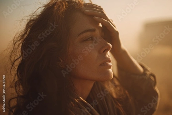 Fototapeta Portrait of a beautiful woman with her hand on her head, a close-up shot. She is in a desert setting during the golden hour, with a cinematic feel, shallow depth of field, warm tones