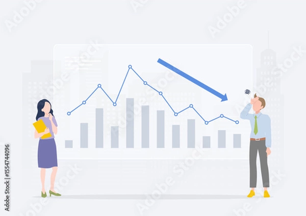 Obraz 売上低下・業績不振を表す下降グラフと落ち込むビジネスマン