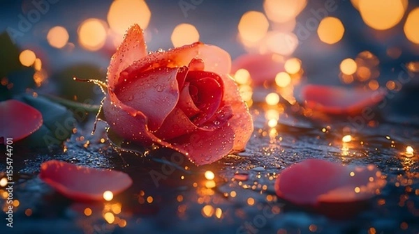 Fototapeta Romantic Dew Kissed Rose with Glowing Lights and Petals Perfect for Valentine s Day or Anniversary