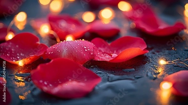 Obraz Romantic Rose Petals with Dew Drops and Fairy Lights Valentine s Day Background