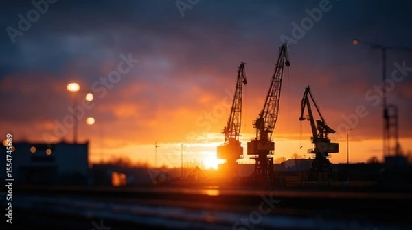 Fototapeta Dusk at Shipping Dock with Towering Cranes and Vibrant Sunset