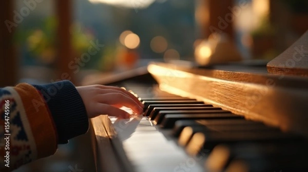 Fototapeta Child's Tiny Fingers Touching Piano Keys for the First Time