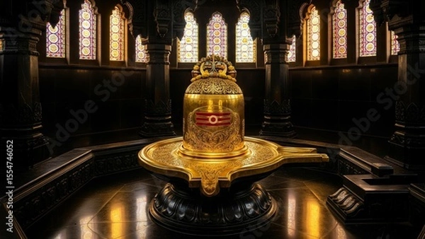 Obraz A Shiva Linga crafted from polished gold with intricate filigree, in an ancient temple 