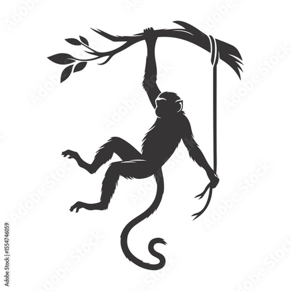 Obraz Swinging monkey silhouette black vector for jungle wildlife and fun motion nature designs