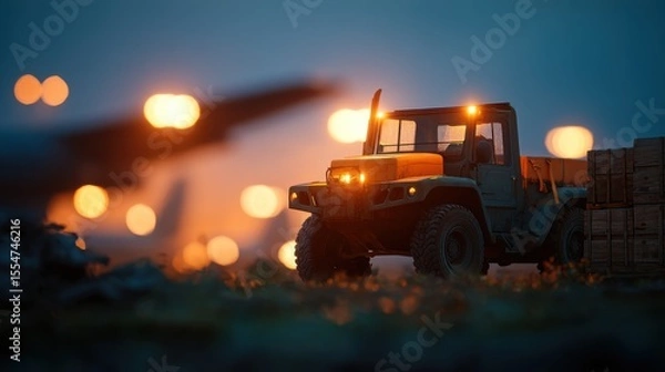 Fototapeta Airmen Operating Forklift at Twilight Airbase Scene