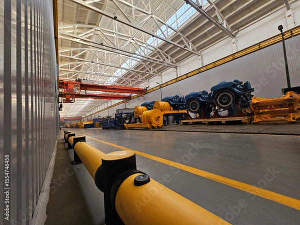Fototapeta A large industrial building with a yellow pipe in the middle. The pipe is surrounded by blue and yellow lines electric motor with engines
