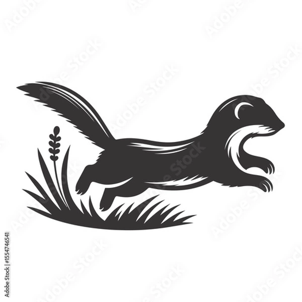 Obraz Vector illustration of running weasel silhouette for forest wildlife clipart and small predator nature designs