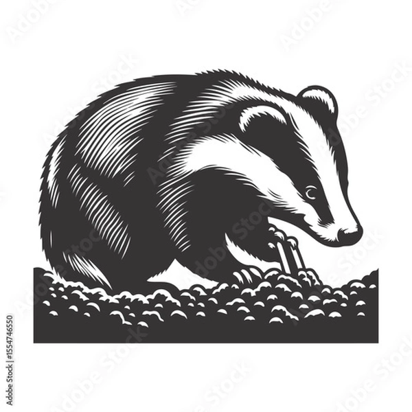 Obraz Black vector silhouette of badger digging for forest wildlife clipart and burrowing animal art
