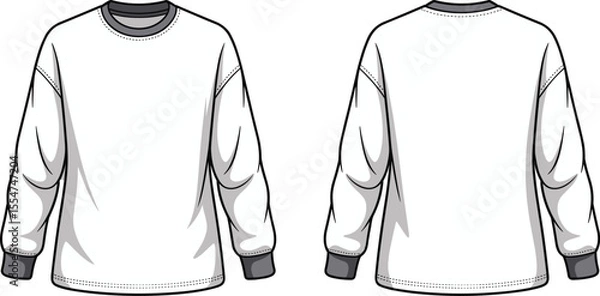 Fototapeta Sweatshirt, front, back, flat, vector, illustration, crewneck, pullover, long sleeve, ribbed cuffs, technical, fashion, template, garment, sketch, casual, unisex, detailed, cad, drawing