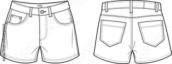 Fototapeta Shorts, cad, vector, flat, front, back, fashion, sketch, drawing, denim, illustration, template, clothing, technical, mockup, casual, summer, unisex, style, apparel