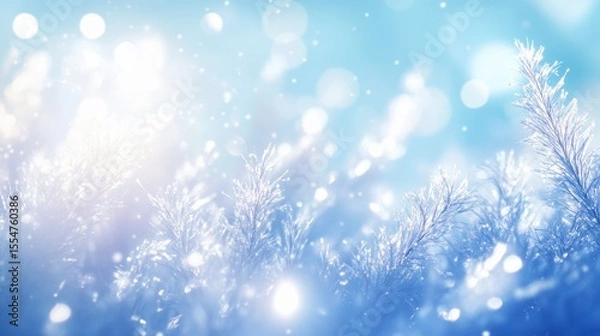 Obraz Frosty winter plants with bokeh lights, soft focus, and pastel blue tones.
