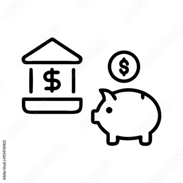Obraz Simple line art icon representing a bank building and a piggy bank with a coin