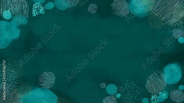 Fototapeta Teal Abstract Background with Organic Shapes and Delicate Leaf Accents