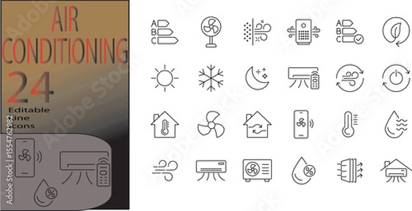 Fototapeta Air conditioning icon. Containing cooling, ionization, blowing, heating, swing. Solid vector icons collection.