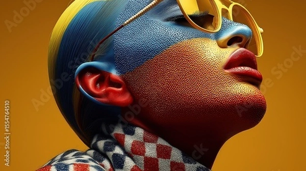 Fototapeta Brightly colored geometric patterns cover the face. Futuristic and abstract look.