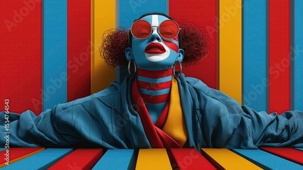 Fototapeta Brightly colored geometric patterns cover the face. Futuristic and abstract look.