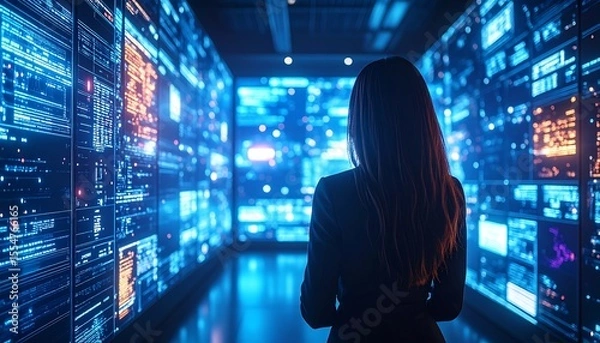 Fototapeta Woman in Data Center Watching Digital World  Cybersecurity with AI, and Technology.
