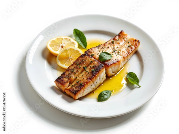 Fototapeta Grilled salmon steak served with lemon slices on white plate, perfect for food, healthy eating, and culinary themes. Generative AI
