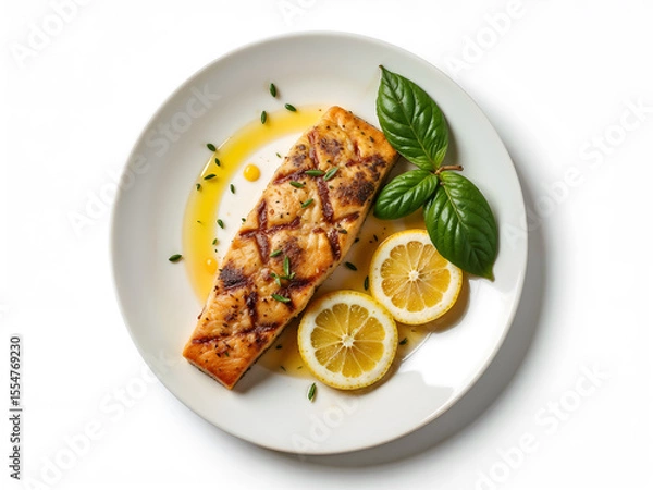 Fototapeta Grilled salmon steak served with lemon slices on white plate, perfect for food, healthy eating, and culinary themes. Generative AI