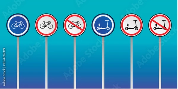 Fototapeta Bicycle and scooter forbidden and allowed safety road street signs. Editable vector icon set.