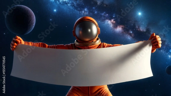 Fototapeta astronaut in orange spacesuit holding blank paper in space, space exploration concept