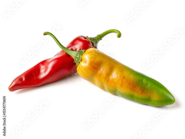 Fototapeta Two fresh chili peppers, one red and one green-yellow, isolated on white background, perfect for food, spice, and cooking themes. Generative AI