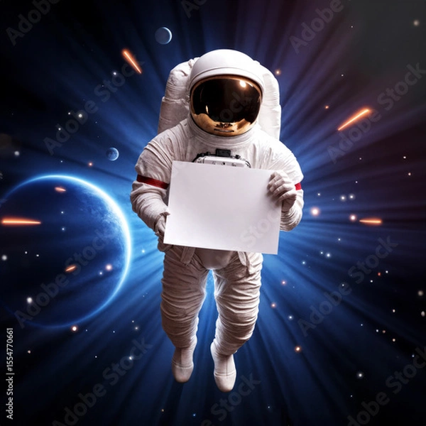 Fototapeta astronaut in outer space holding blank white poster, space background, advertising concept