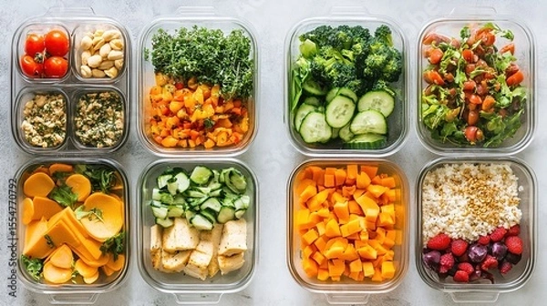 Fototapeta Eight containers filled with fresh, colorful vegetables, nuts, grains, and fruits arranged neatly on a light surface for healthy meal prep.