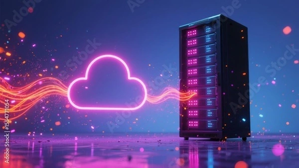 Obraz Cloud computing data transfer concept. Futuristic server rack connected to glowing cloud icon with digital network.