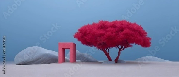 Obraz Surreal landscape with vibrant red tree and abstract structure