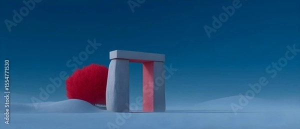 Obraz Surreal landscape with minimalist stone structure and red tree