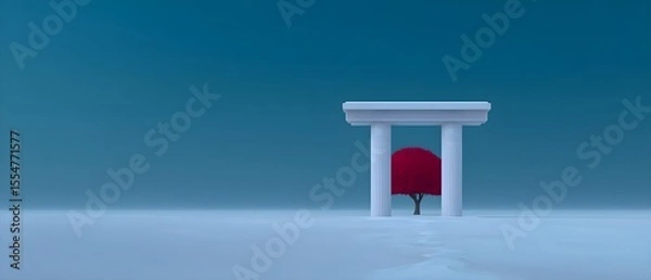 Obraz Surreal landscape with a red tree and classical columns