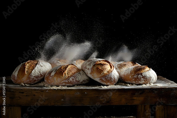 Obraz Fresh Artisan Sourdough Bread with Flour Splash on Rustic Wooden Table black background