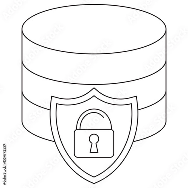 Fototapeta Data Security icon. Vector pictogram with thin black lines on transparent background. Stroke thickness is editable. Icon shows a database with a shield and padlock for secure data storage